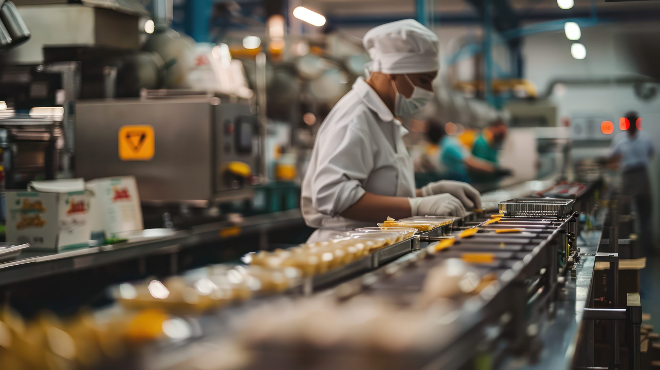 A woman in a white apron is working in a factory