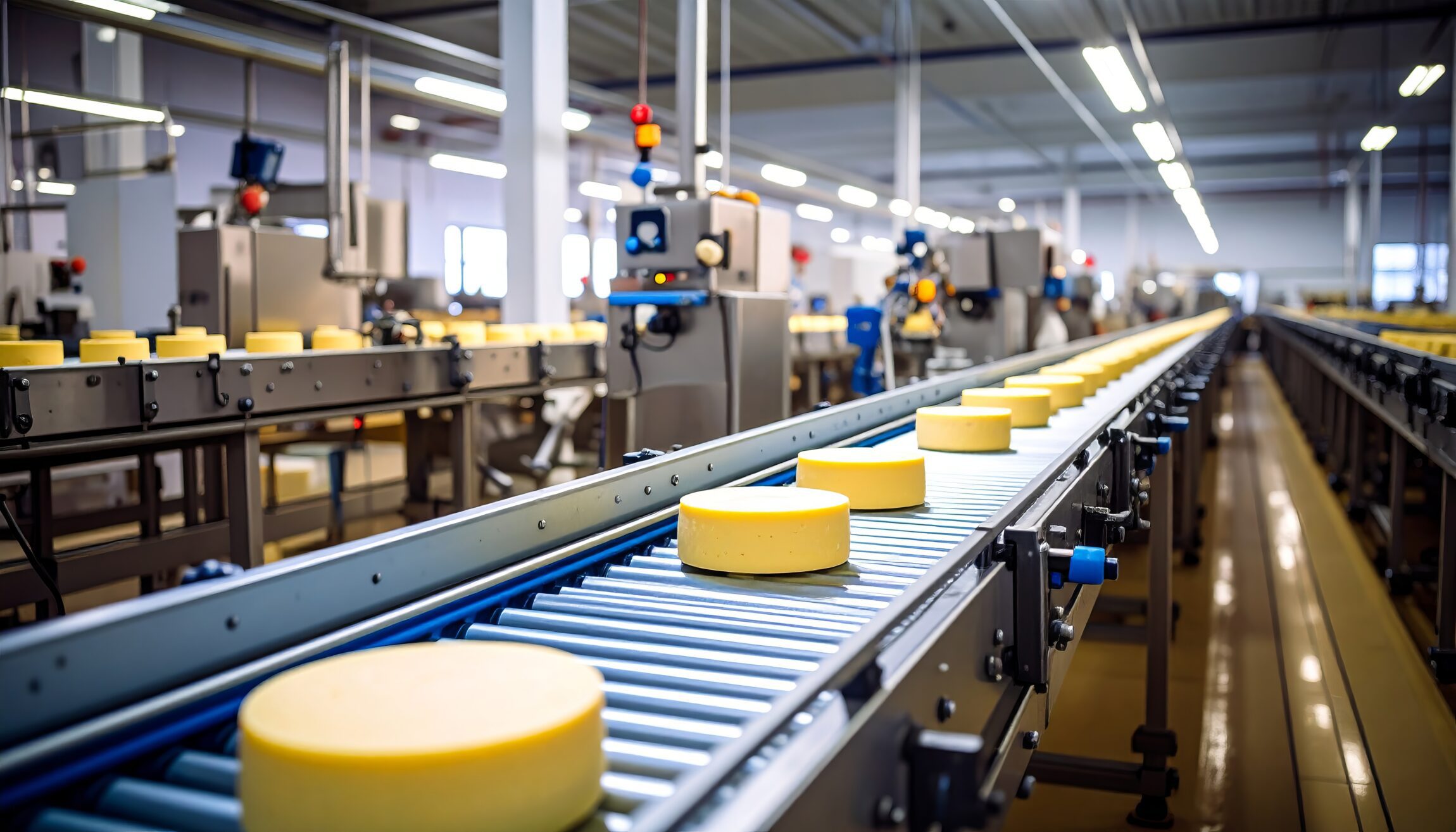 The conveyor line in the modern cheese production plant, where round yellow cheese heads move along the roller tape among industrial equipment, under the bright lighting of a large workshop.